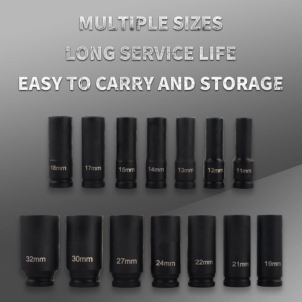 Набор глубоких ударных головок 1/2" Привод Метрический ключ Черная головка Глубокая ударная головка Пневматическая головка Инструменты для снятия шин