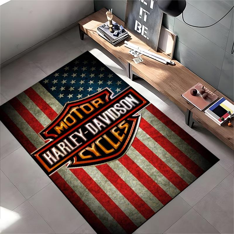Area Rug, Harley Davidson Motorcycles American Flag Stars Stripes Logo Biker Art Print, Man Cave Decor, Non-Slip Mat