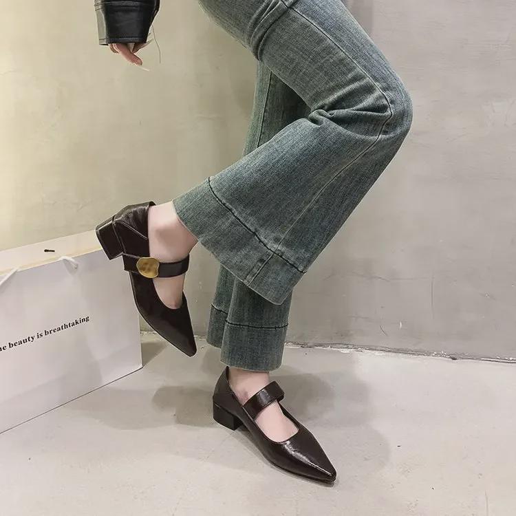Женские туфли Mary Jane из кожи на толстом каблуке с острым носком, осень 2024 г. - средний каблук, британский повседневный стиль