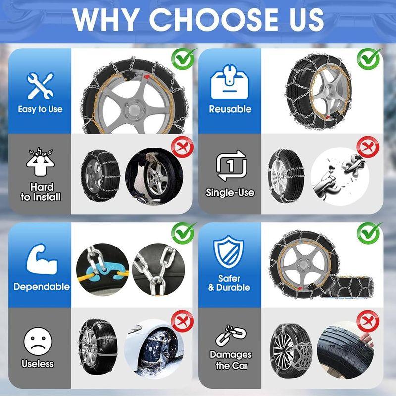 Auto-Fixing Snow Chains, 30s Quick Fit Easy Installation Tire-Chains, Portable Reusable High Carbon Steel Anti Slip Tire Chain f