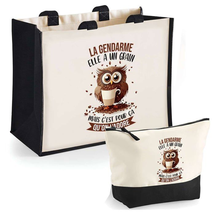 Tote bag duo - PLANETEE - Duo cabas jute et trousse La Gendarme Chouette Grain - jute & coton - 33x42 cm - Fabrication française