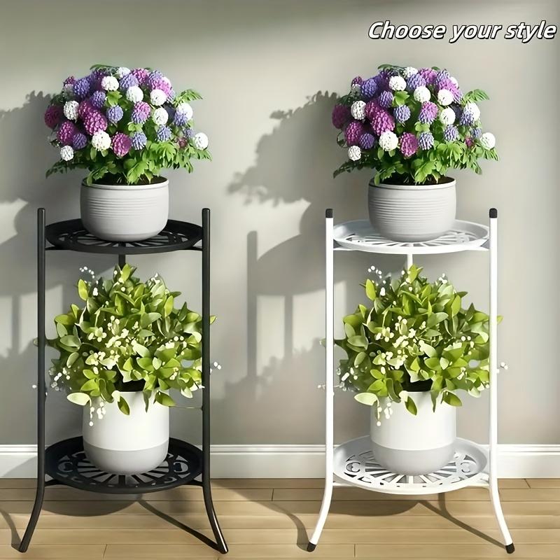 Металлическая подставка для растений в 2 яруса высотой 19,69 дюйма, многоцелевая стойка для демонстрации цветочных горшков для помещений/улицы, прочная, легкая сборка, современный стиль, черный/белый
