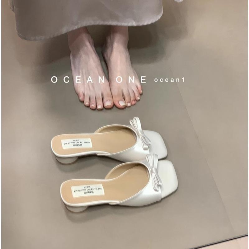 Fashion 2025 New Slipper Mules Low High Heels Shoes Summer Best Street Look Females Square Head Open Toe Bow Strappy Sandals Women