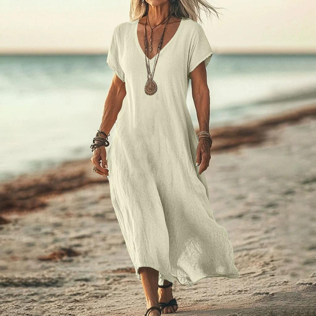 Fashion Women's Solid Color V-neck Long Dress Loose