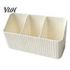 Dressing Table Organizer Desktop Storage Box with Three Compartments, Vertical Stripes Plastic Study Organizer, Space Saving Container for Cosmetics