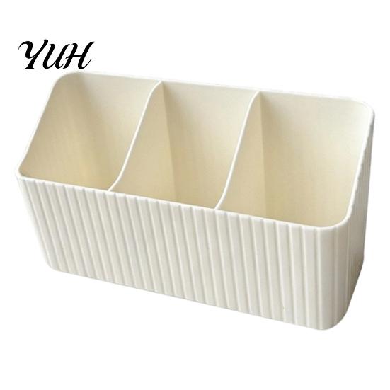 Dressing Table Organizer Desktop Storage Box with Three Compartments, Vertical Stripes Plastic Study Organizer, Space Saving Container for Cosmetics