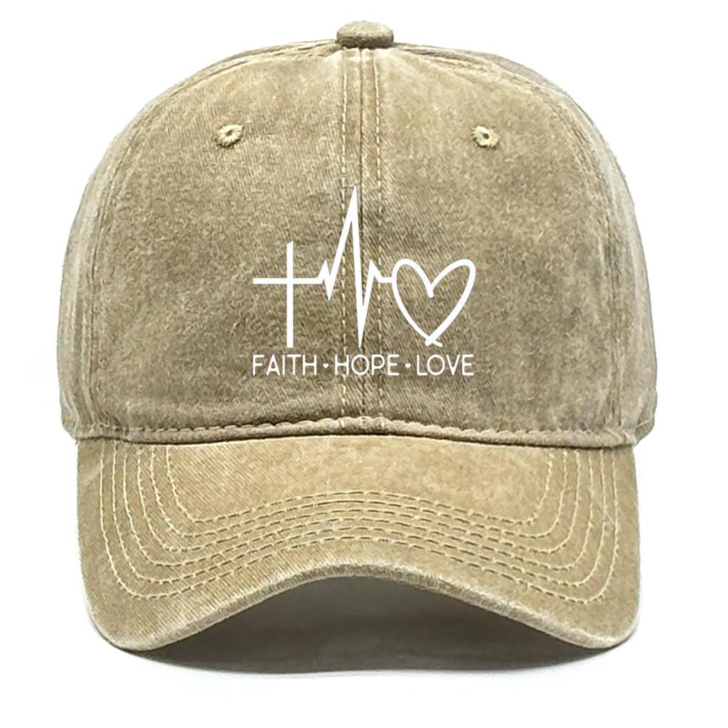 FAITH HOPE LOVE" Print Adjustable Baseball Cap, Cross Heartbeat Heart Dad Hat Solid Color Sporting Distressed Summer Snapback Baseball Hat