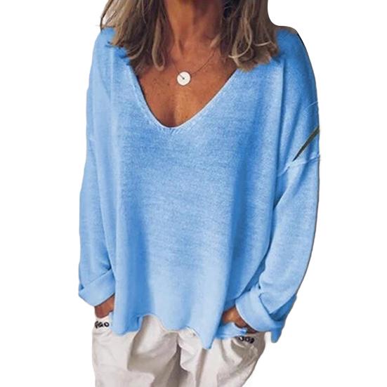Женская футболка с V-образным вырезом и длинным рукавом, свободная футболка, однотонная, дышащая, повседневная, пуловер, топы, повседневная одежда