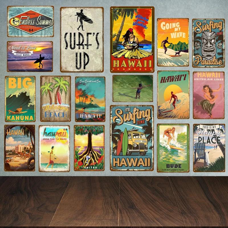 Vintage Hawaii Surfs Up Beach Welcome Metal Tin Sign Ocean Poster for Cafe Bar Outdoor Decor Home Wall Decoration