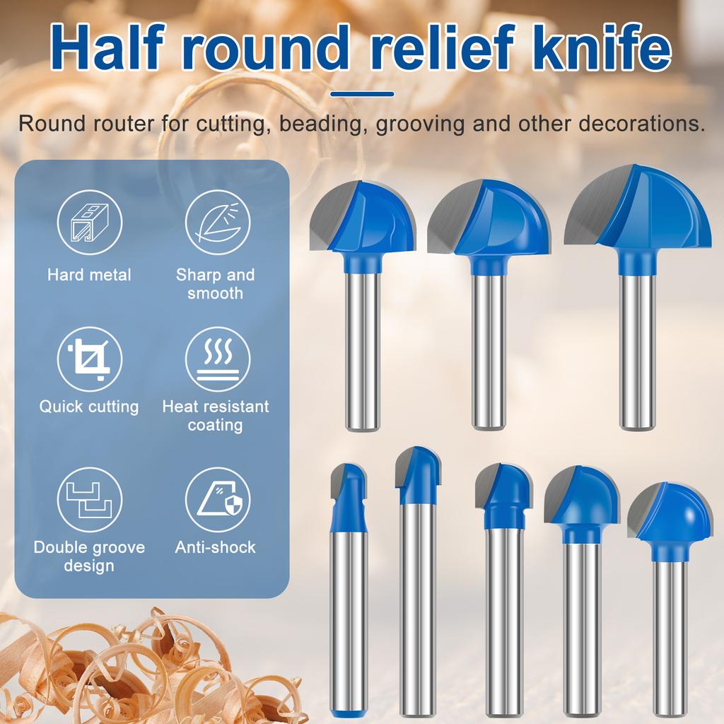 8pcs Cove Box Cemented Carbide Router Bit  1/4" Shank Round Nose for Woodworking, MDF and Plywood Half Round Groove Router Bit