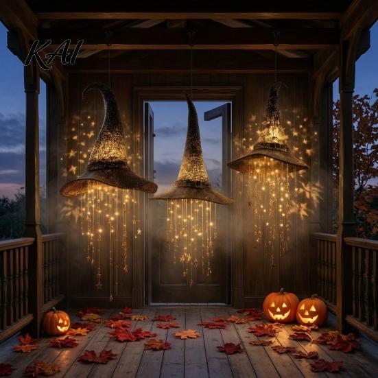 Entryway Hanging Ornaments Lighted Witch Hat Halloween Decor, LED Glowing Wizard with Lightweight Yard Decor Star Tassel Garland, Indoor Outdoor Porch