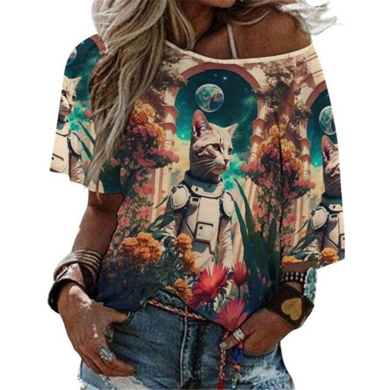 Летняя женская футболка с круглым вырезом, модная уличная футболка с коротким рукавом, 3D-принт с изображением кота, женская одежда больших размеров