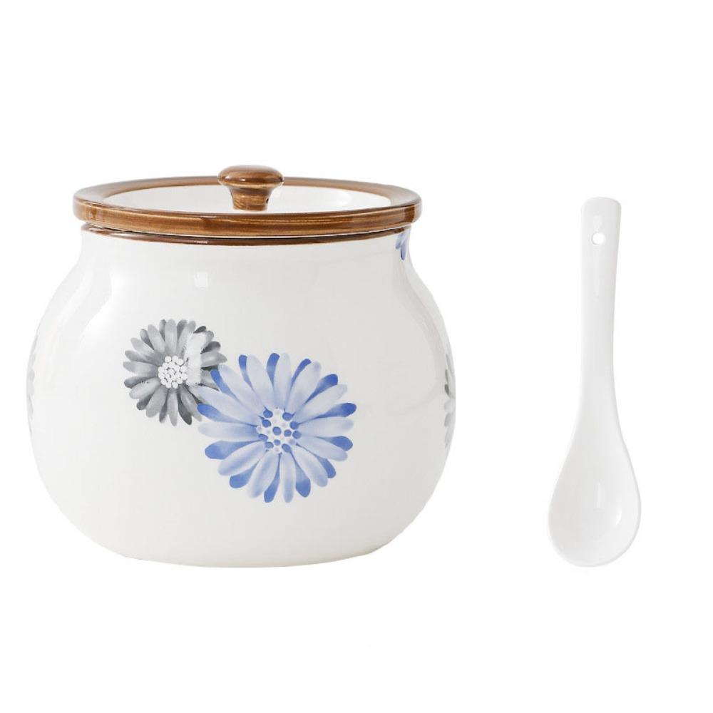 С крышкой и ложкой Керамическая банка для жира Японская горшочка для жира Практичная банка для приправ Сахар