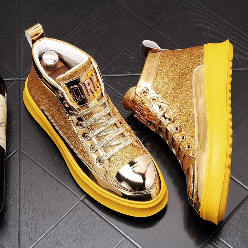 Fashion New Booties Gold Men's Boots Sequins Hipster Men High Top Casual Board Shoes Cowboy Boots Riding Boots Hombre A7