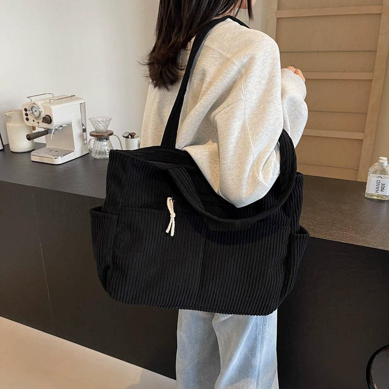 Casual Corduroy Handbag Zipper Closure Light and Large Capacity Shoulder Bags Solid Color Women's Daily Commuter Tote