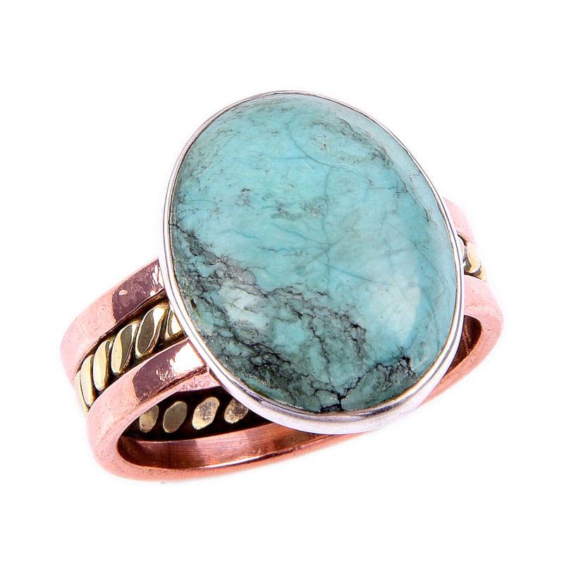 Кольцо из натурального тибетского бирюзового камня, 925 пробы, двухцветное, размер 7US a9e27