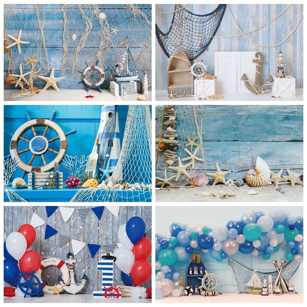 Nautical theme baby party background for photography, sailboat, boat, starfish, wooden board, sailor portrait, Photo background