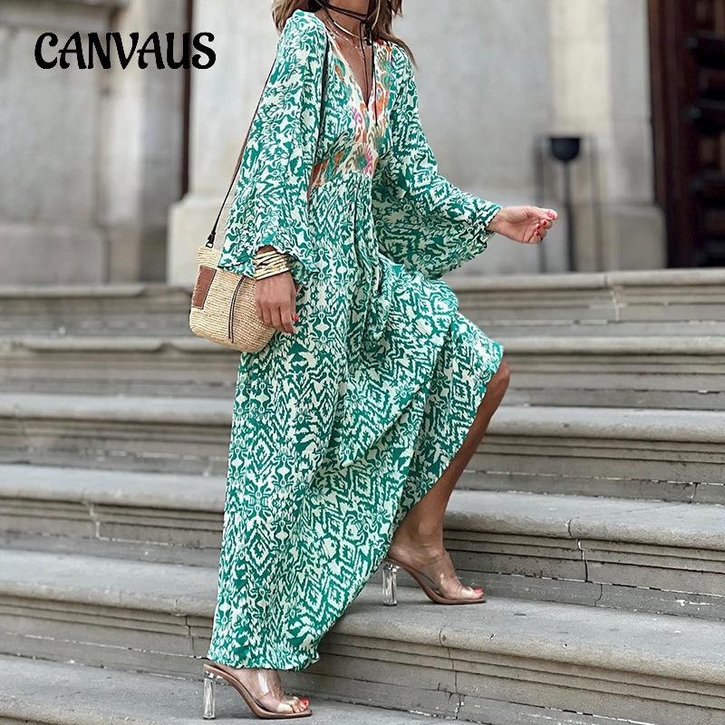 Весенние и осенние женские платья, модные повседневные платья с V-образным вырезом, длинным рукавом и средней длиной с принтом