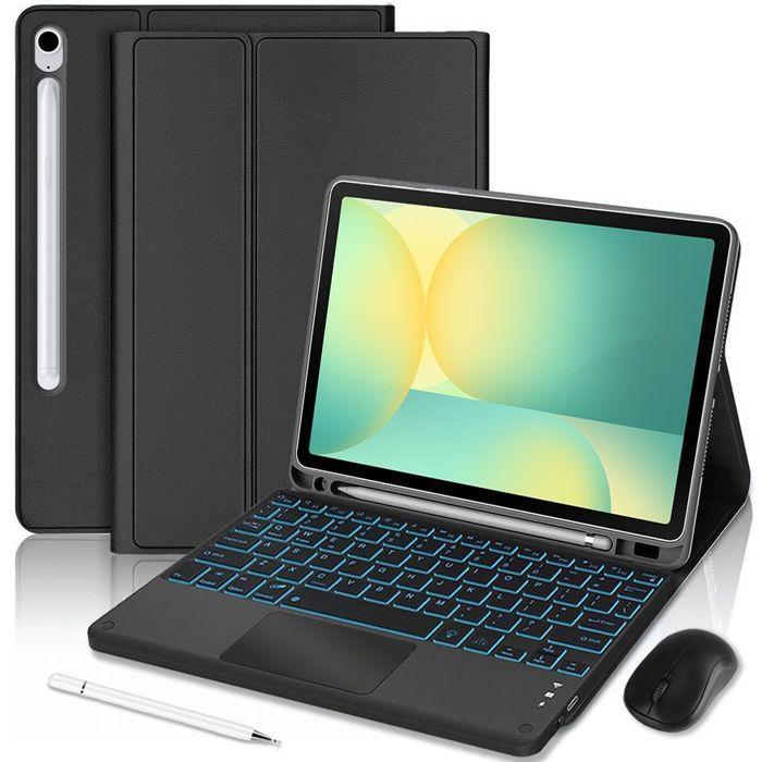 Coque Clavier pour Samsung Galaxy Tab S10 FE / S9 FE, Cuir PU Noir avec Clavier Rétroéclairé + Souris + Stylet