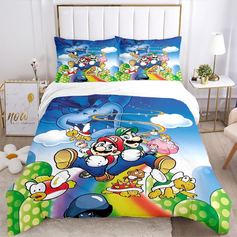 Постельное белье с принтом персонажей Mario Bros, 3 предмета (1 Пододеяльник + 2 Наволочки, Без Наполнителей), Этот постельный комплект с принтом мягкий и удобный, С