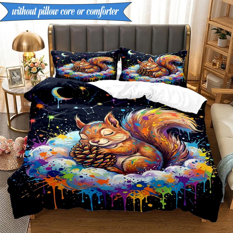 3PCS Squirrel Dreams Under Moonlight Bedding Set,Including 1pc Duvet Cover And 2pcs Pillowcases Perfect for Bedroom, Dormitory, Fan Christmas gift