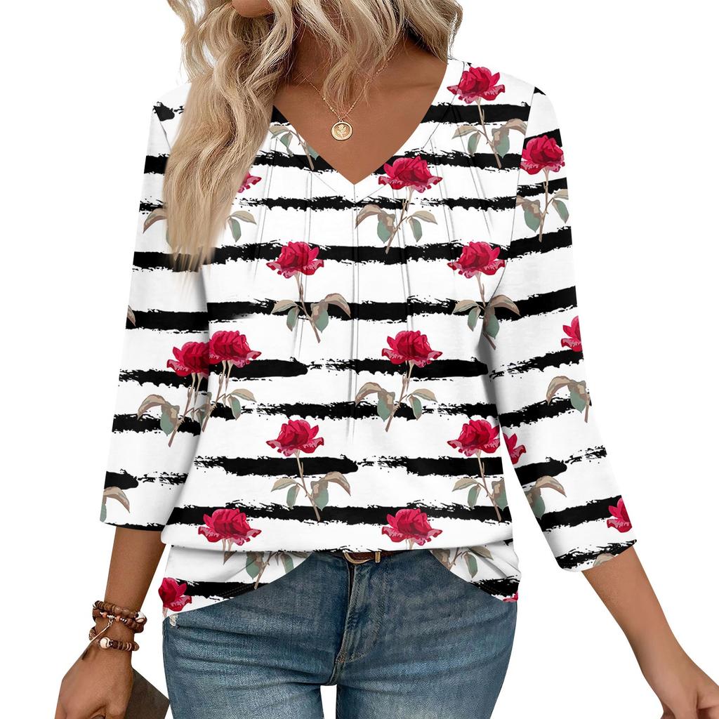 Women's Casual Tops V Neck Pull Stripe Prints Seven Sleeve Tops