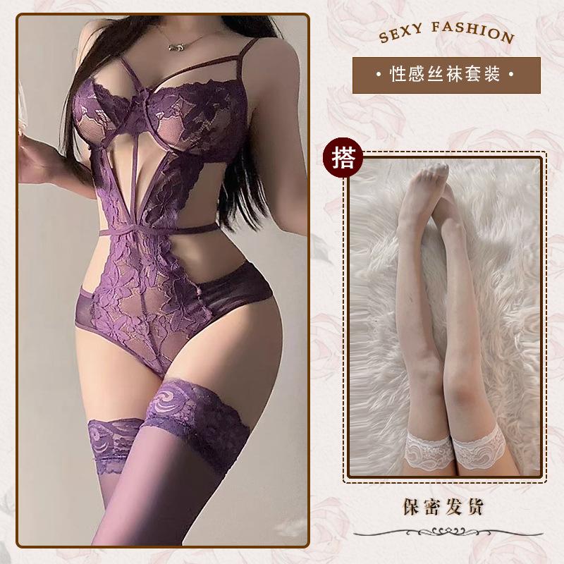Hollow and thin sexy underwear sexy onesie temptation strap perspective lace free purple n