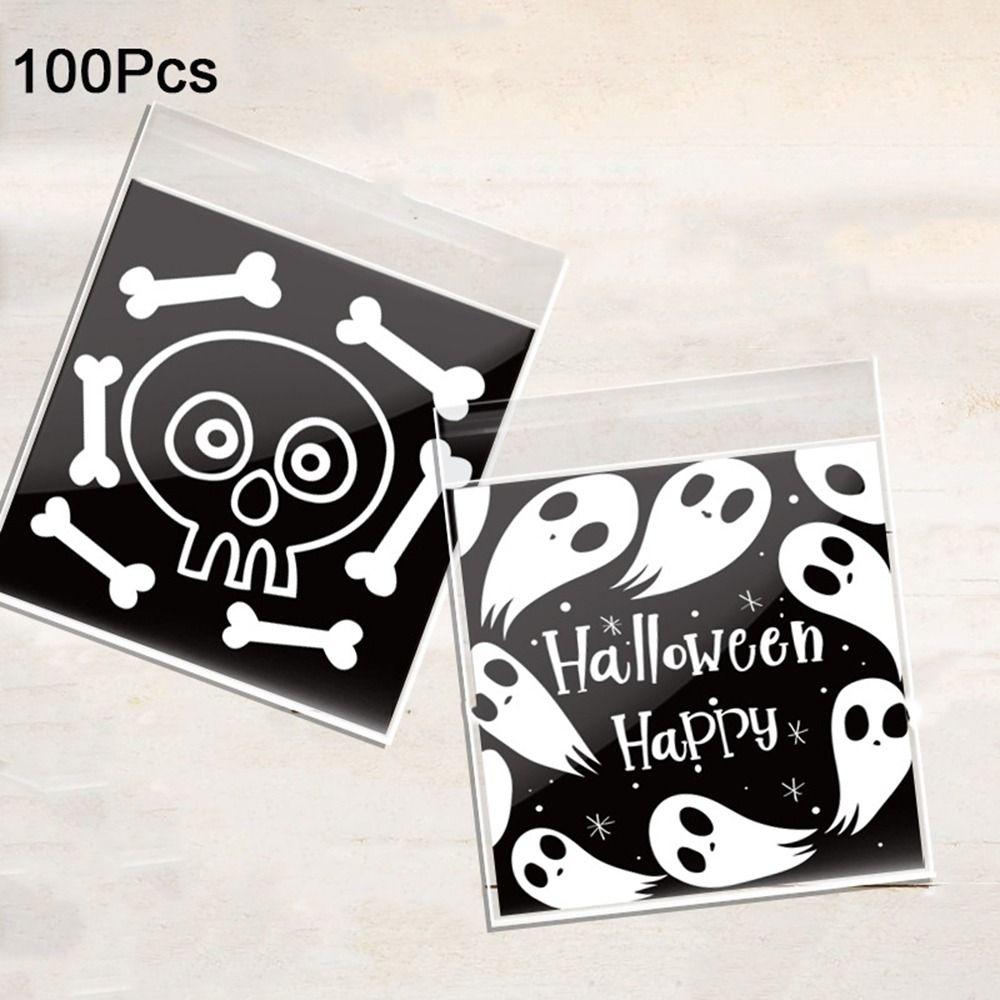100Pcs Self-adhesive Halloween Candy Bags Plastic Candy Cookie Bags Trick or Treat Bags for Home