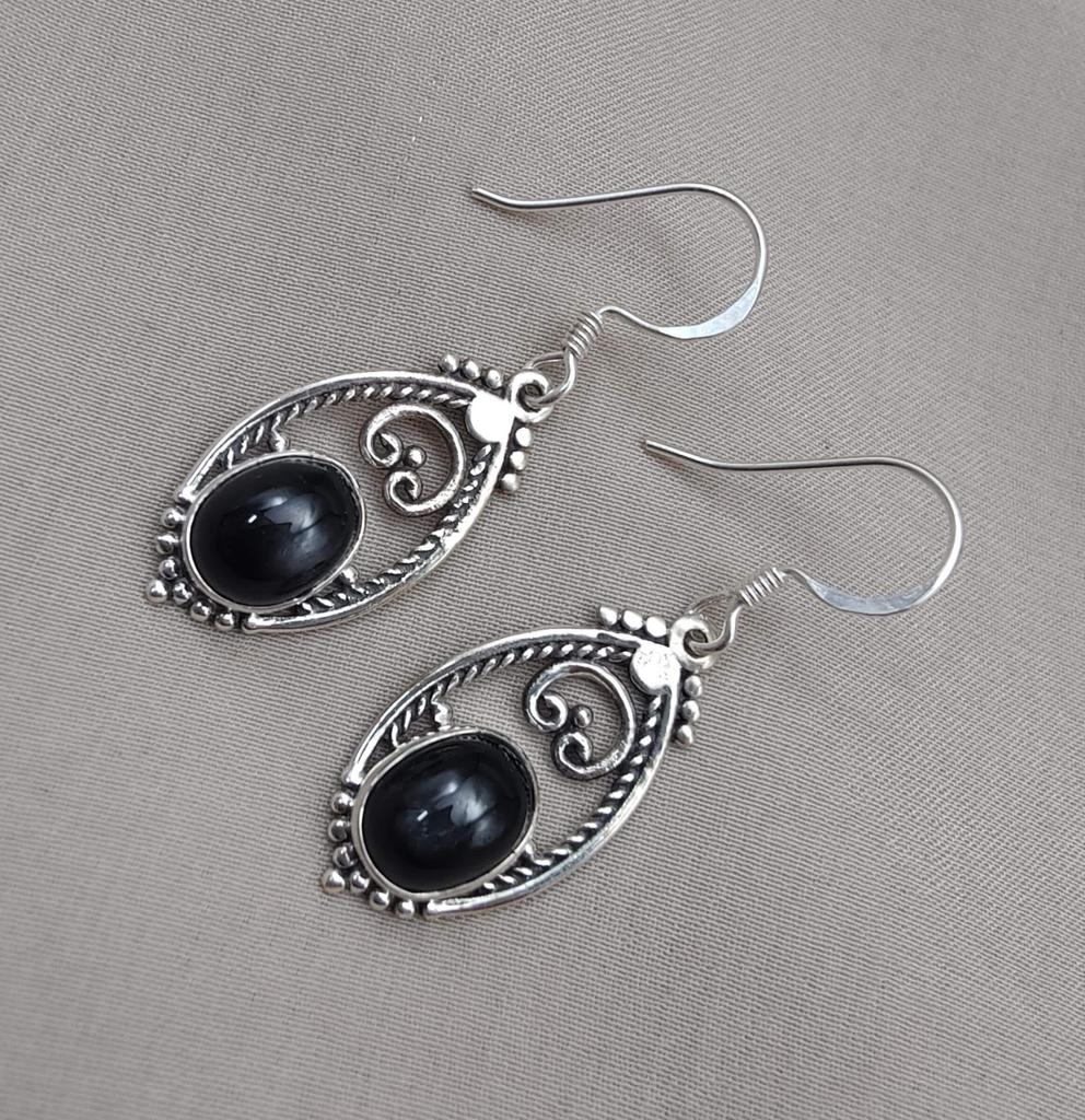 Black Star Sterling Silver Dangle Earrings: Vintage Boho Gemstone Jewelry