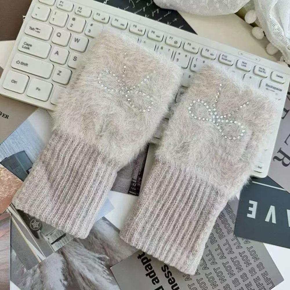 Hotfix Rhinestone Knitted Gloves Plush Half Finger Mittens Soft Bow Gloves Cycling