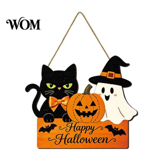 Halloween Wooden Door Sign with Hemp Rope Lanyard, Pumpkin Ghost Printed Hanging Cute Front Plaque Plaque, Wall Art for Porch Party Solid Wood Festive
