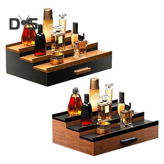 3 Tiers Wooden Perfume Display Stand with Storage Drawer Large Capacity Desktop Perfume Organizer Storage Box