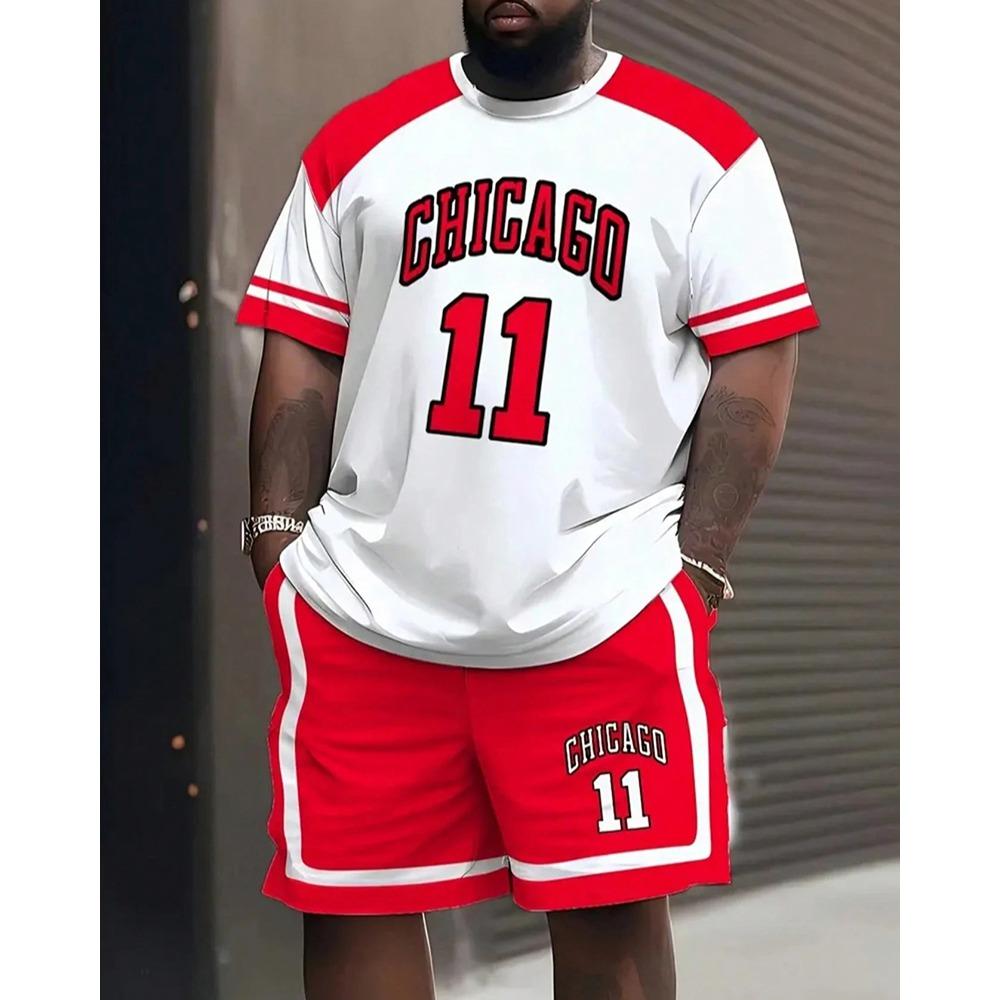 Мужской спортивный комплект из футболки с графическим принтом Chicago Sports и шорт, большого размера 9XL - Мягкий, дышащий, спортивный наряд
