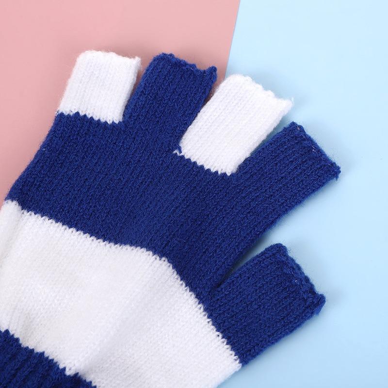 Students Winter Finger Knitted Gloves Outdoor Cycling Games Half Finger Gloves Color Matching Warm Wool Gloves
