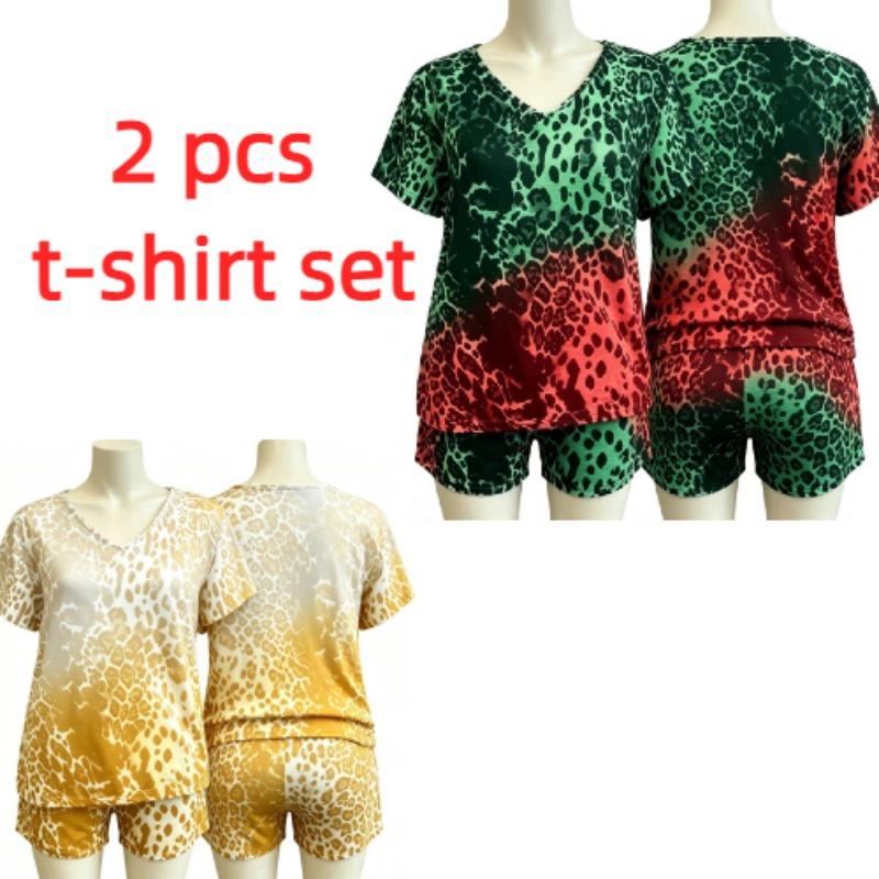Summer European Streets Leopard Style Printed V-Neck Short Sleeved T-Shirt And Shorts Set Women's and Men's T-shirt Shorts Set