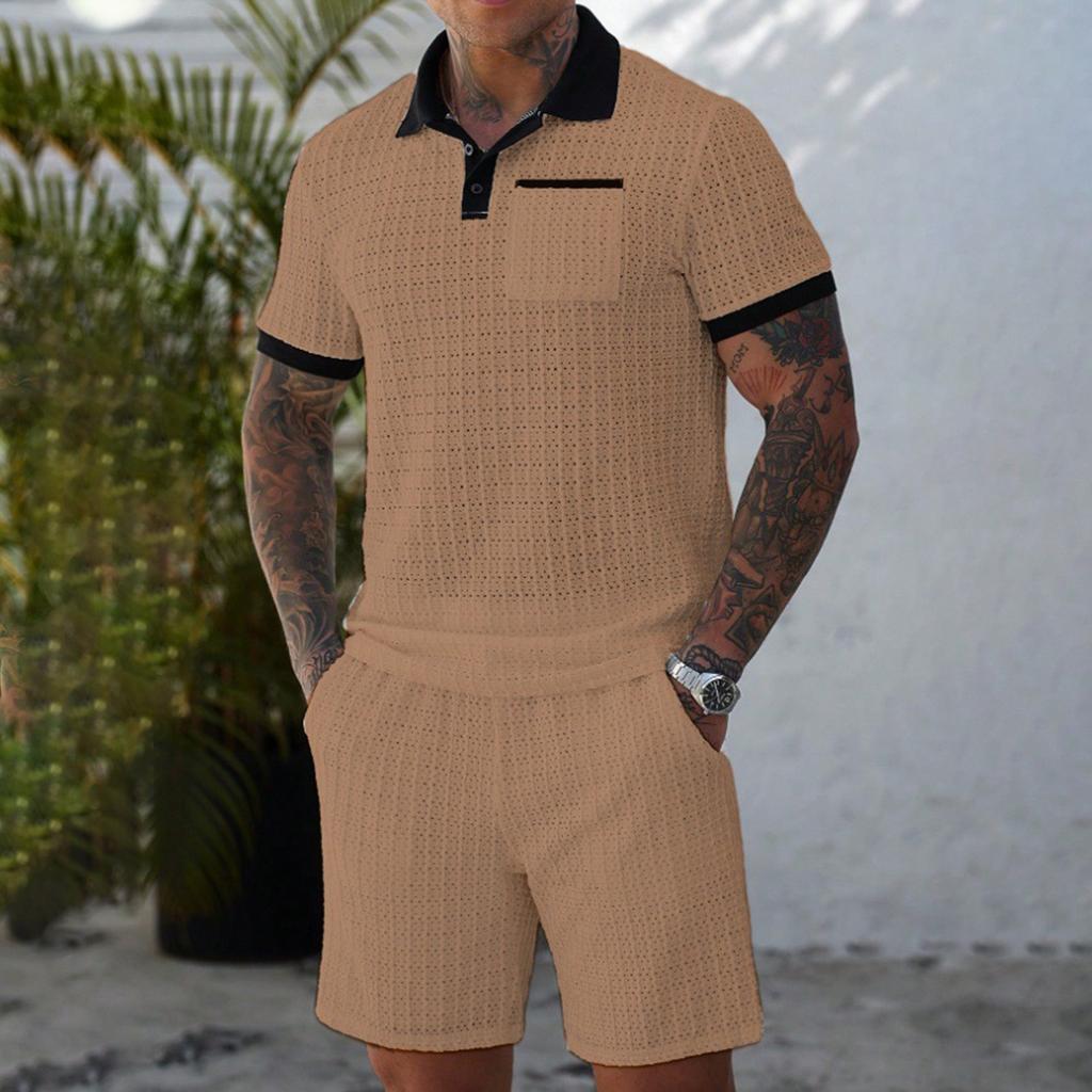Мужской летний однотонный комплект рубашки с воротником на пуговицах и шорт с полой текстурой