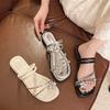 Summer Wear 2025 New Small Tall Roman Sandals French Thick Heel Slippers Women's Versatile Rhinestone Cold Slippers