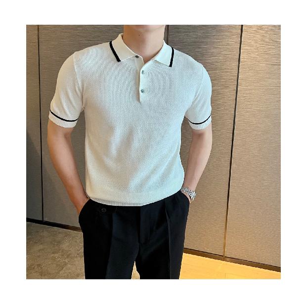 Летняя Новая Модная Вязаная Мужская Рубашка Поло, Шикарная Футболка с Коротким Рукавом Приталенного Кроя в Повседневном Стиле с Отложным Воротником, Тренд