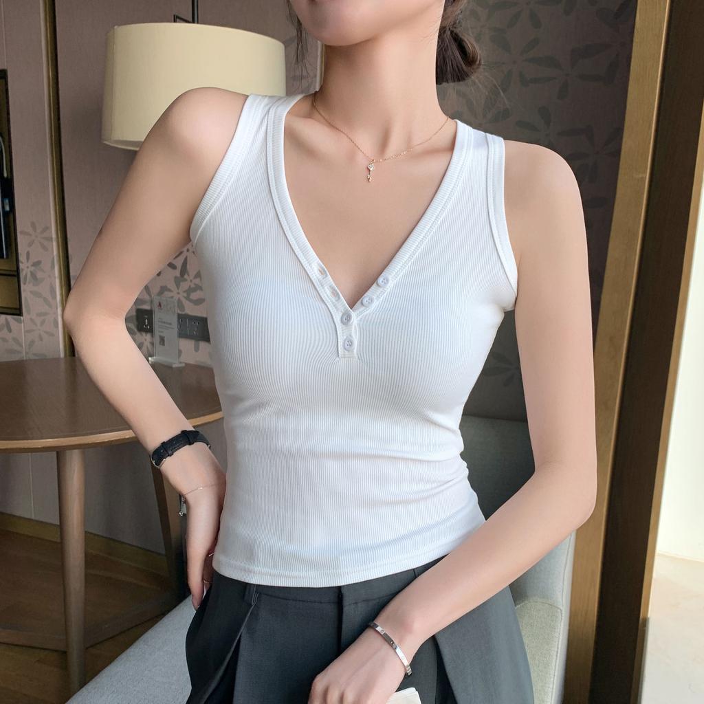Ribbed Button V-Neck Camisole,New Arrival Women Slim Fit Cotton Basic Sleeveless Layering Tank Top