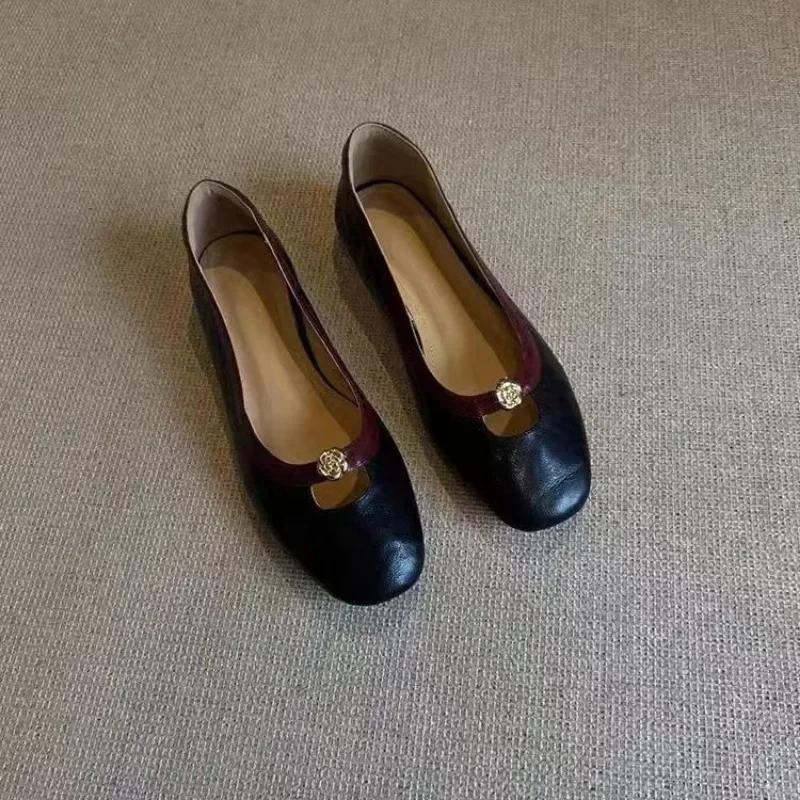 Женские туфли из кожи, весенние новые балетки с квадратным носком, женские туфли на среднем каблуке, модные женские офисные туфли