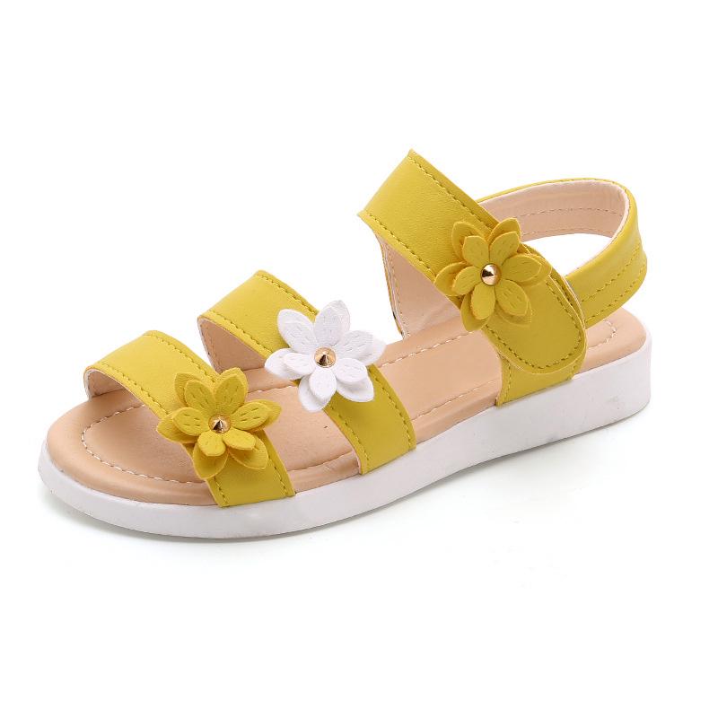 Летние пляжные сандалии на плоской подошве для девочек с ремешками и цветами, детская обувь для малышей
