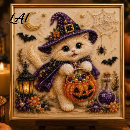 DIY Bead Art Crafts Halloween Witch Hat Cat 3D Pearl Painting Kit with Frame Hand-Pasted Craft for Adults Relaxing Handmade Kits Mosaic Home