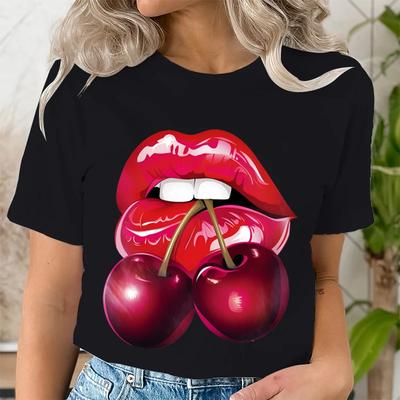 Летняя одежда Футболки с принтом LIPS CHERRY с коротким рукавом для женщин, повседневные, модные, с рисунком, футболки, женская футболка, одежда