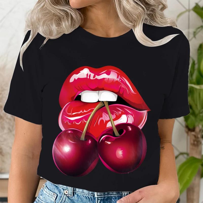 Летняя одежда Футболки с принтом LIPS CHERRY с коротким рукавом для женщин, повседневные, модные, с рисунком, футболки, женская футболка, одежда