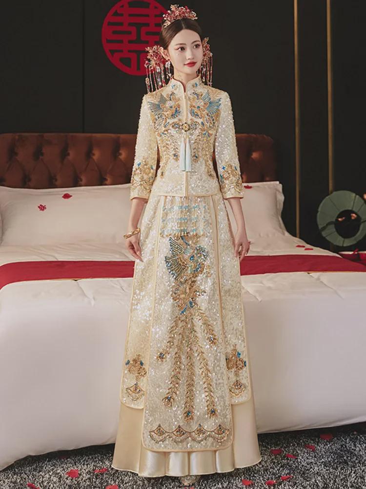 Xiuhefu 2025 Elegant Chinese Bridal Champagne Dress - Summer Dragon & Phoenix Kimono Gown