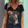 Summer V-neck 3D Animal Tigers Leopards Lions Printed Top Fashionable Casual Short Sleeved Women's T-shirts