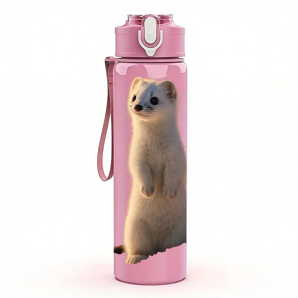 1PC Stoat Small Furry Wild Animal Print 750ml Color Plastic Sports Water Bottle Leakproof Flip Straw Lid Suitable for Sports Office Home Use