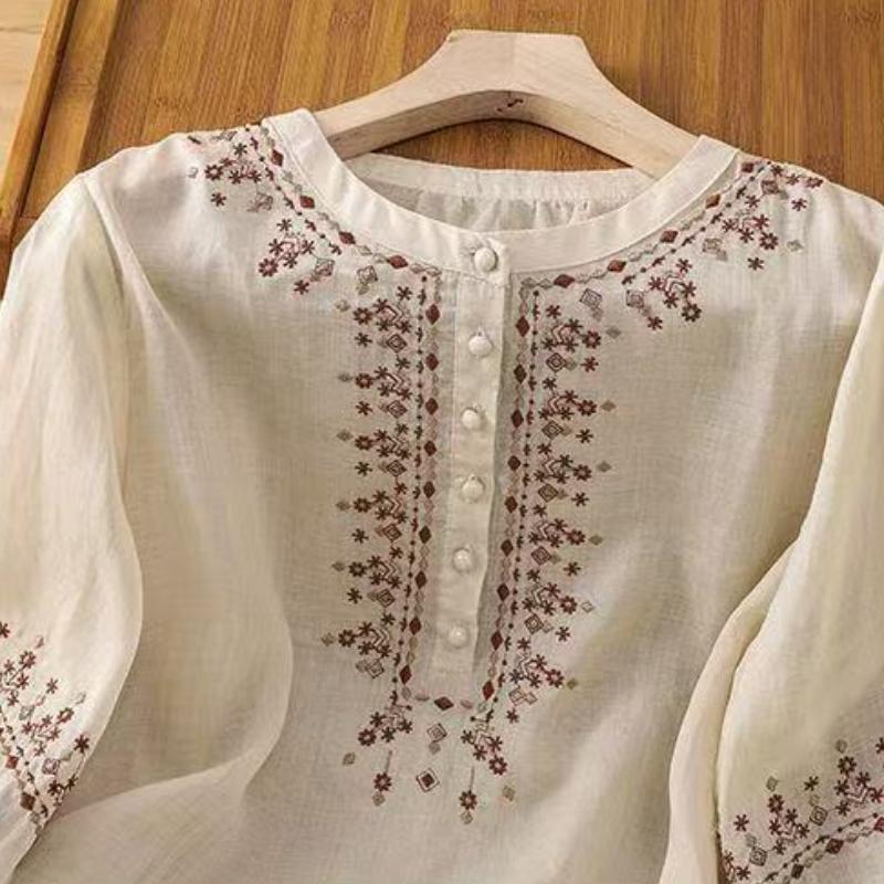 Рубашка в стиле ретро, женская, рукава пять четвертей, весна-лето, новая блузка, свободный верх, вышитая рубашка