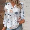 Women Fall Top V Neck Lace Patchwork Flower Print Long Sleeve Loose Soft Breathable Colorfast Hollow Out Elegant Commute Lady Blouse