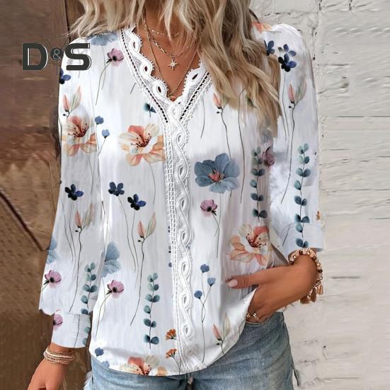 Женский осенний топ с v-образным вырезом, кружевной лоскутный цветочный принт, с длинным рукавом, свободный, мягкий, дышащий, цветной, элегантный, для поездок на работу, женская блузка